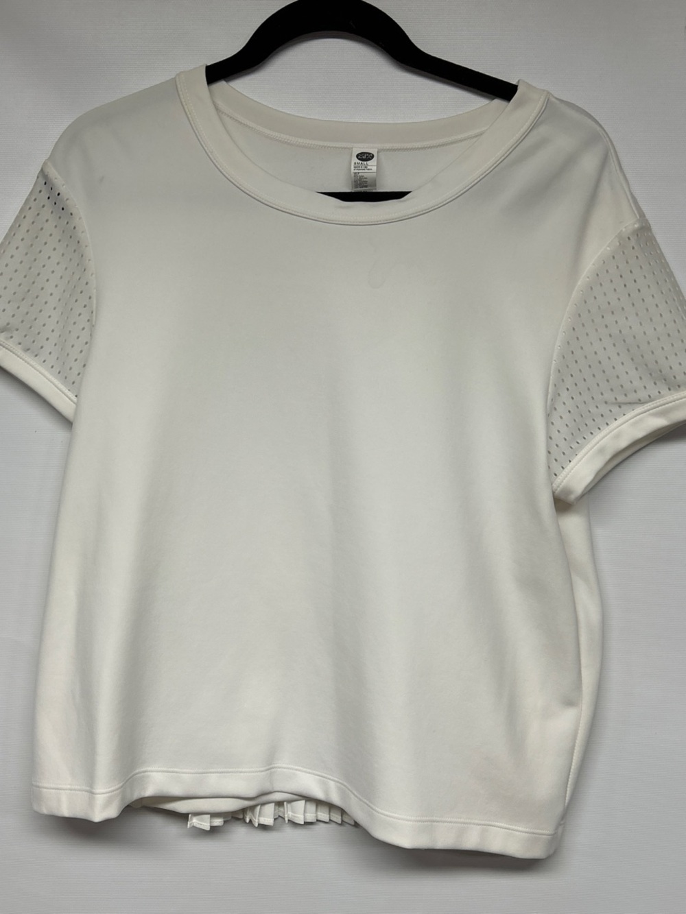 Women's White Short Sleeve Crewneck Top with Perforated Sleeves